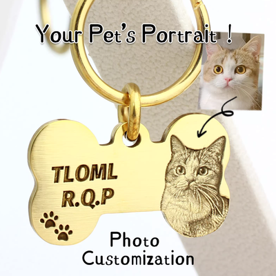 Custom brass bone pet tag engraved with cat portrait from photo
