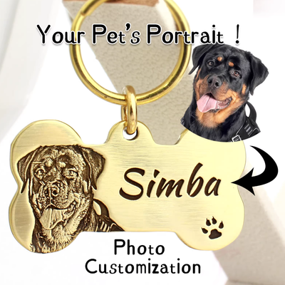 Deep engraved brass bone tag with dog portrait and name “Simba”