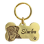 Front view of solid brass bone-shaped pet ID tag engraved with dog portrait