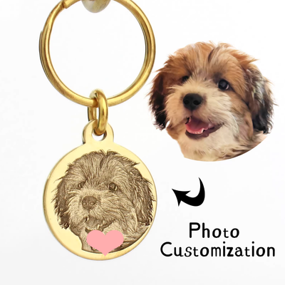 Personalized brass pet tag with deep engraved dog portrait from photo.