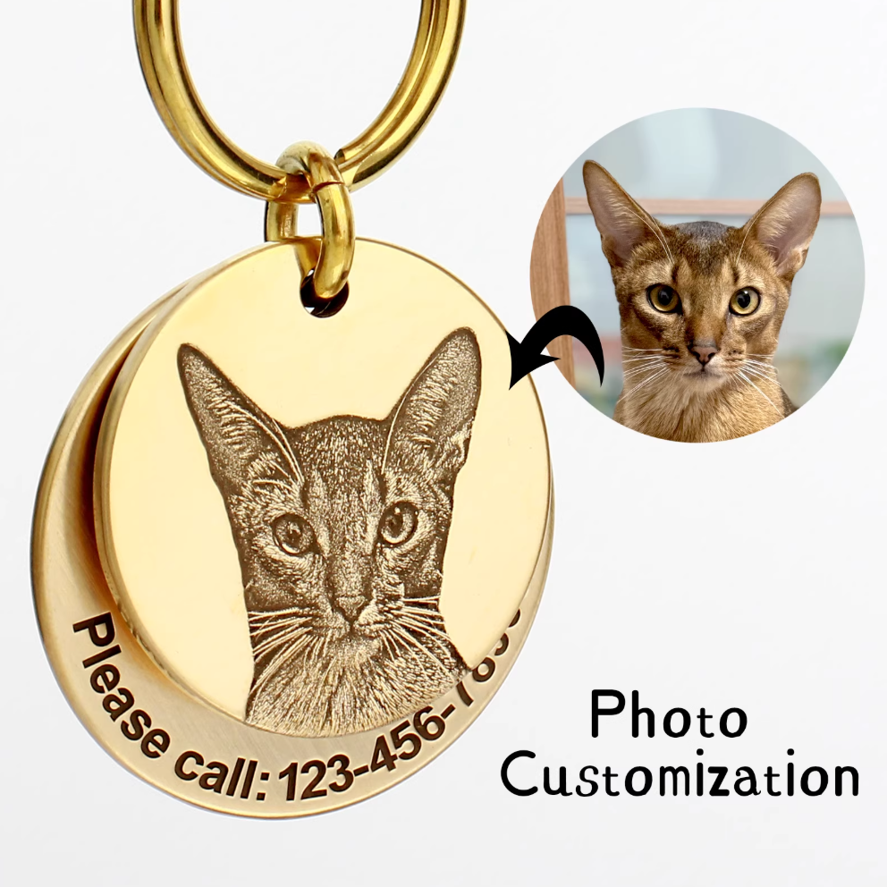 Custom brass cat tag engraved from photo, detailed 3D relief portrait engraving.