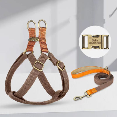 Brown reflective dog harness and leash set with engraved gold buckle, personalized for pets.