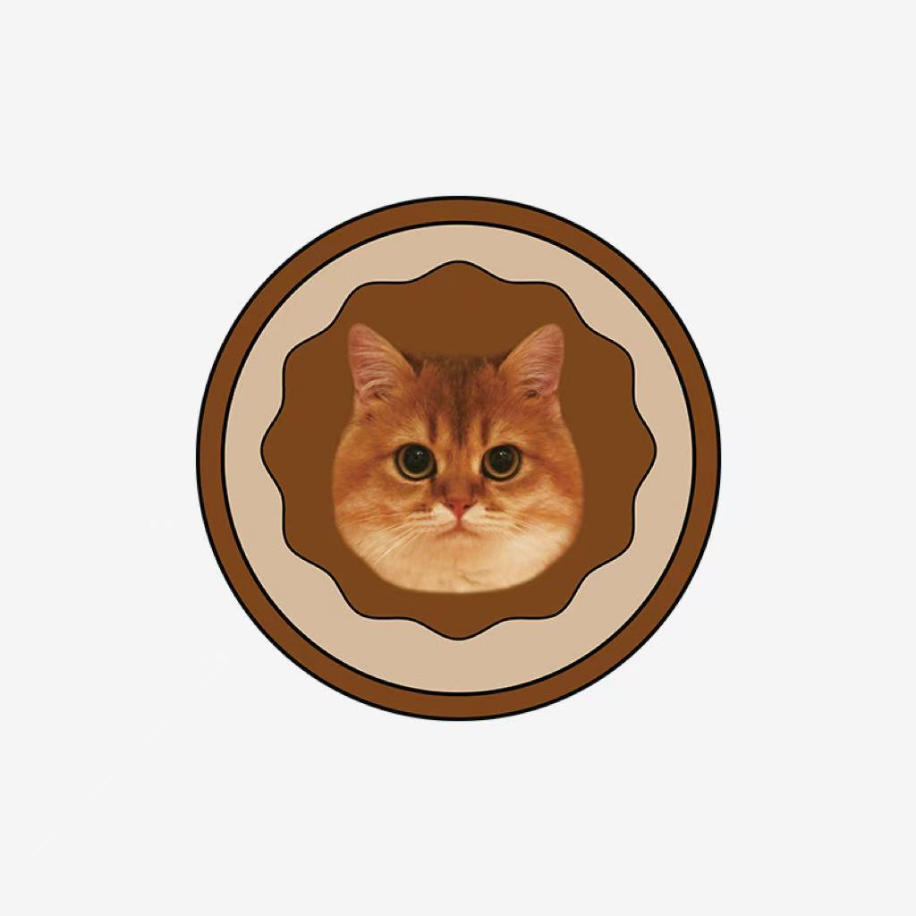 Brown cat portrait round rug, made of soft faux fur material, ideal for pet-themed decor.