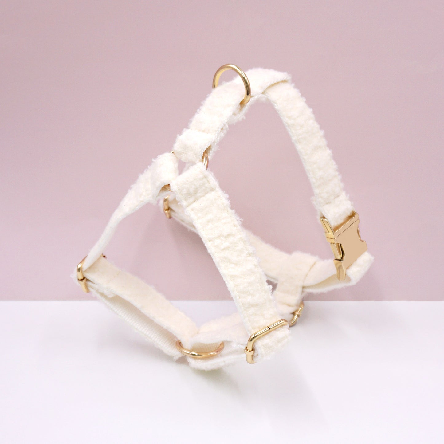Cream white fleece dog harness with gold engraved buckle
