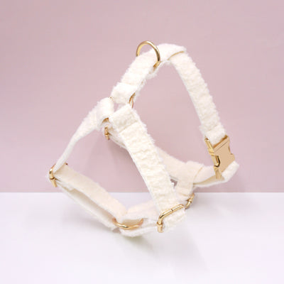Cream white fleece dog harness with gold engraved buckle