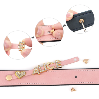 Step-by-step image showing how to attach rhinestone letters and secure them on the collar.