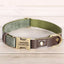 Army green custom dog collar with engraved metal buckle and brown leather trim