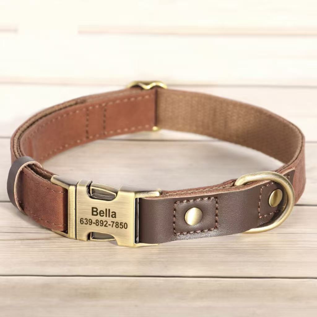 Brown personalized pet collar with engraved nameplate and sturdy zinc alloy clasp