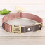 Pink engraved dog collar with brass buckle and brown PU leather accent