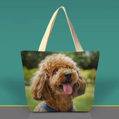 Personalized tote bag featuring a happy poodle outdoors, custom pet gift idea