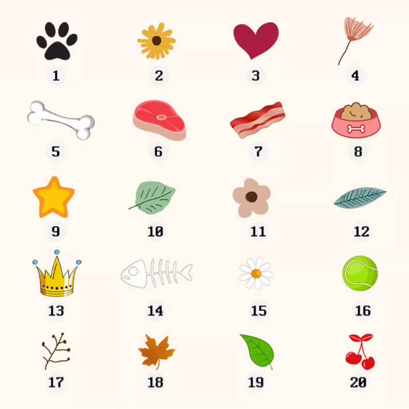 Pet mug design icons — 20 cute decoration elements including paw print, heart, bone, leaf, and crown