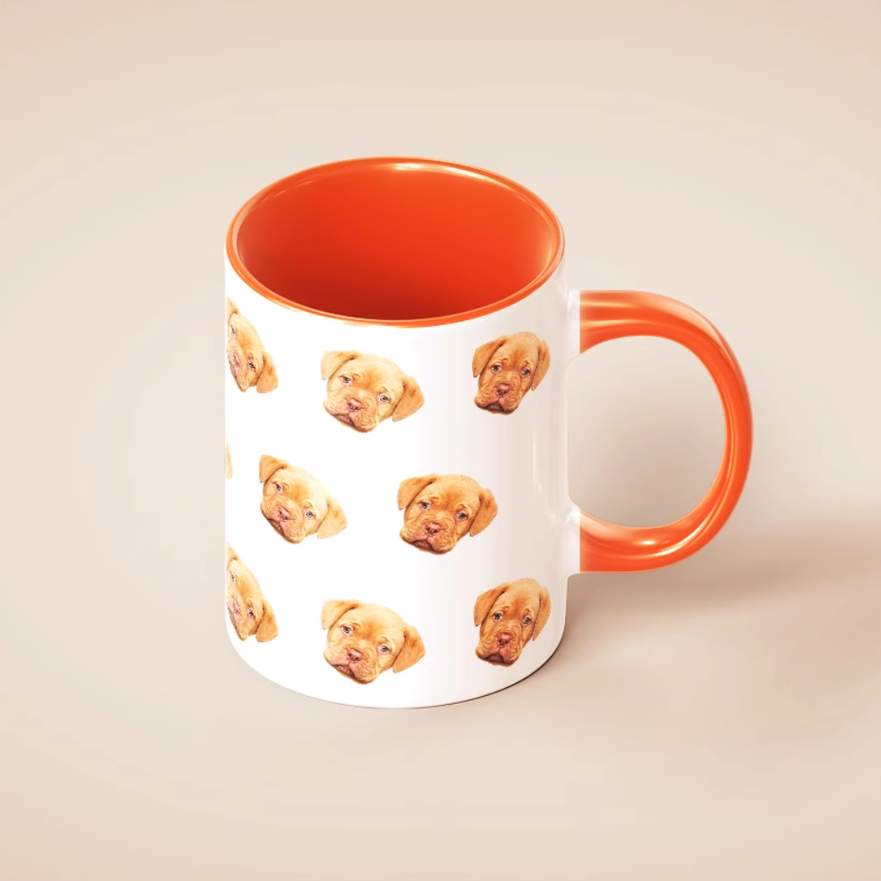 Bright orange interior custom mug with cute dog face print