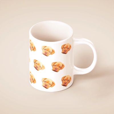 Custom pet mug with brown puppy pattern, white handle ceramic cup