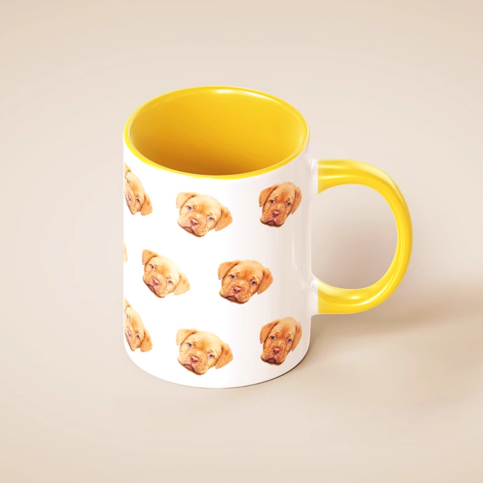 Custom ceramic mug with yellow handle and dog pattern design