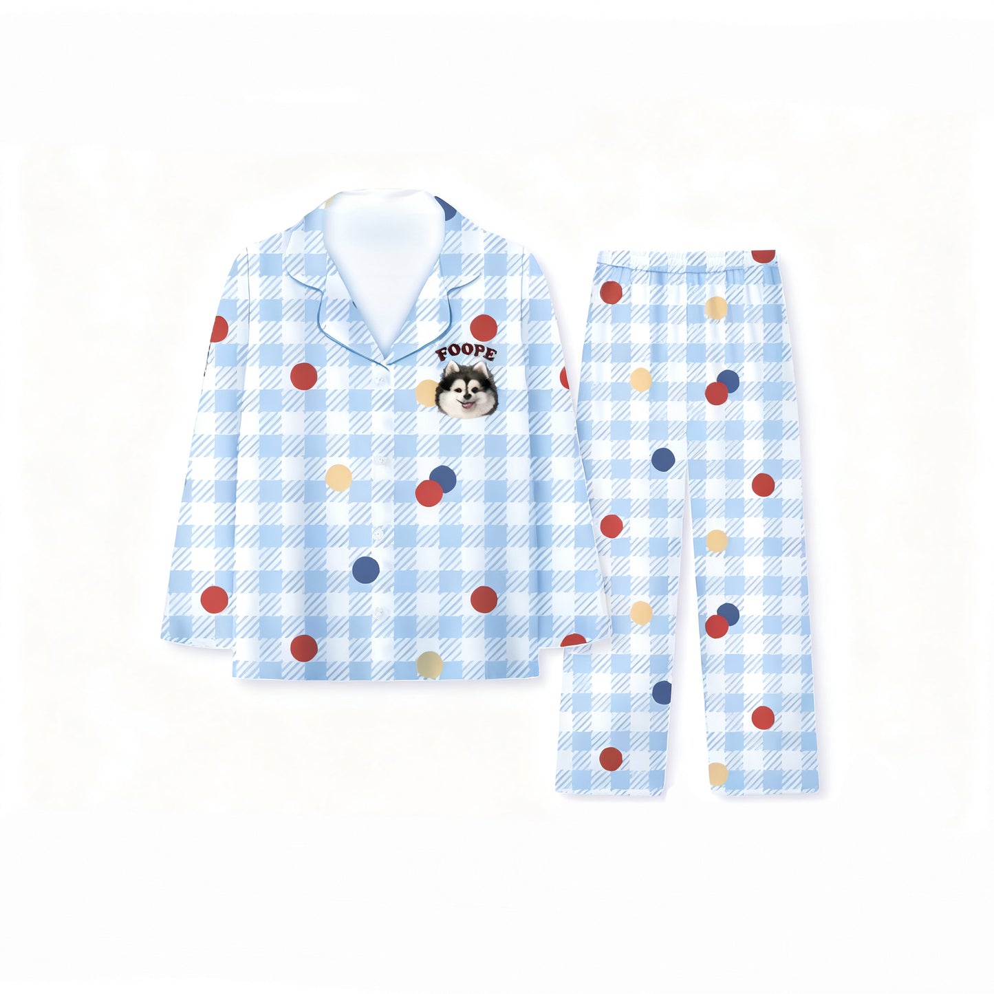 Blue plaid personalized pet pajamas featuring custom dog photo