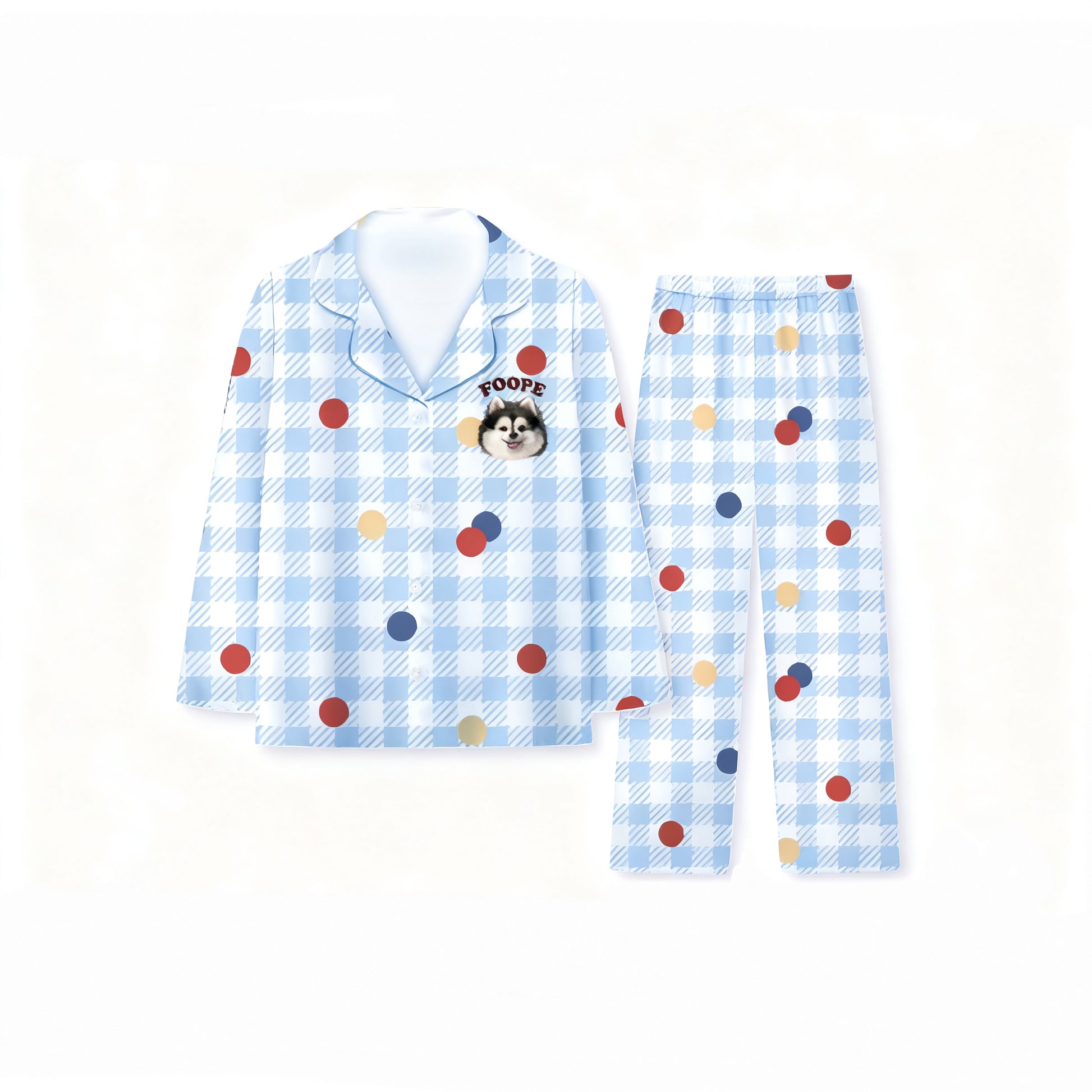 Blue plaid personalized pet pajamas featuring custom dog photo