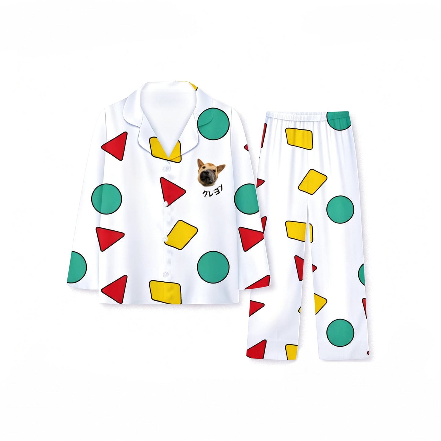Custom milk silk pajamas with colorful geometric shapes and pet photo print