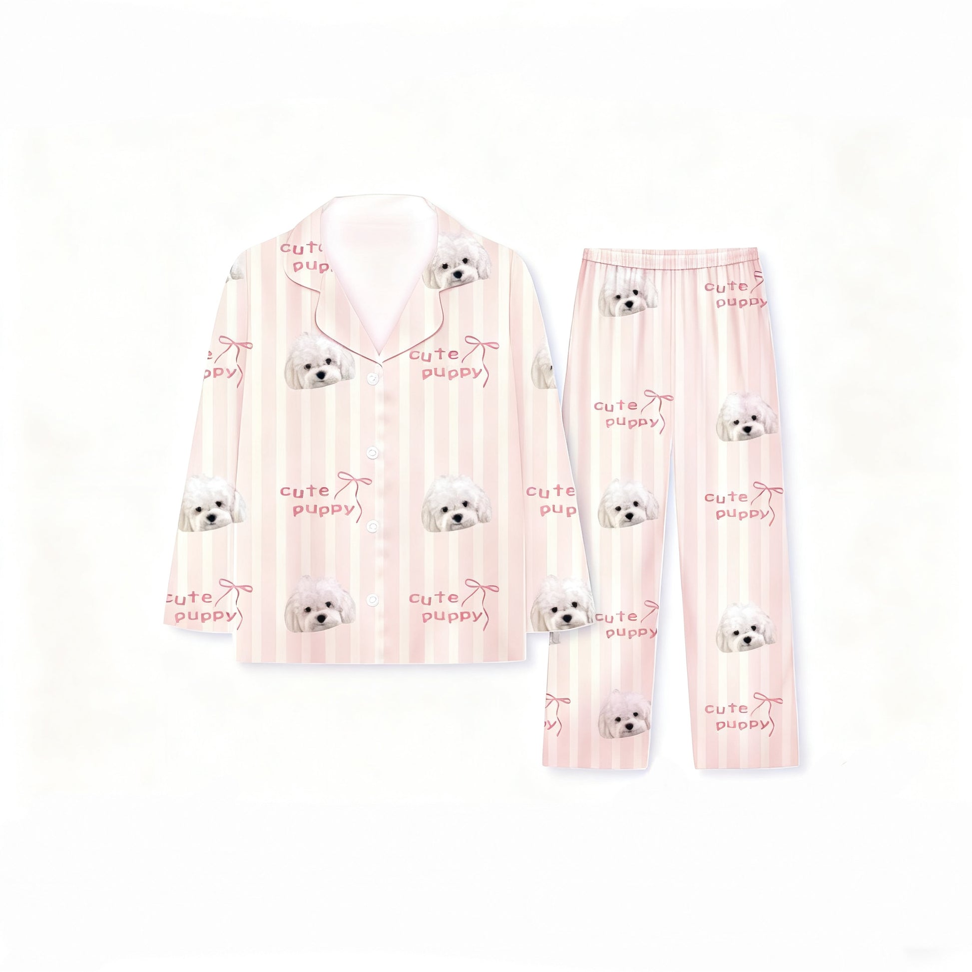 Pink striped pajamas with “Cute Puppy” text and custom bichon dog print