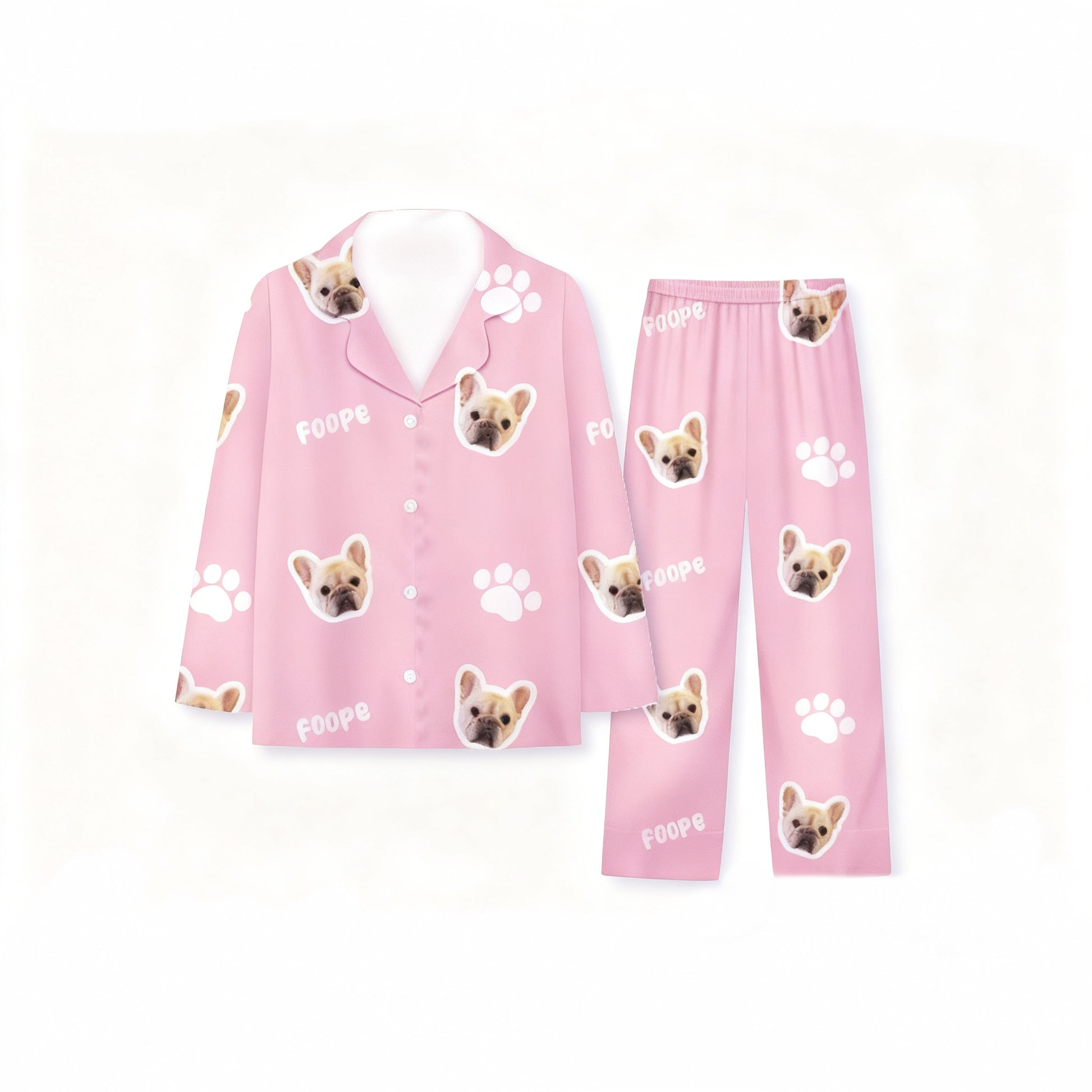 Custom pink pet photo pajamas with paw prints and name print