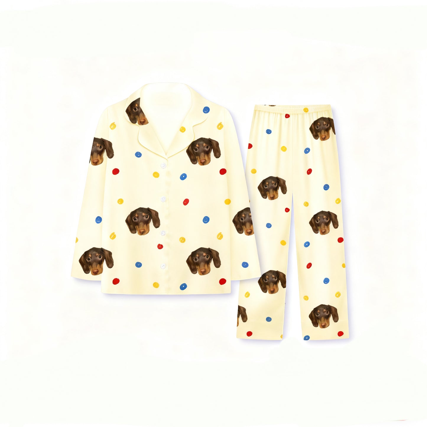 Light yellow pajamas with colorful dots and custom dachshund face print