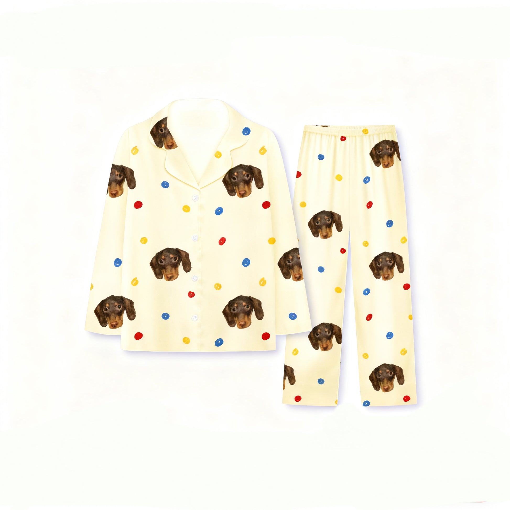 Light yellow pajamas with colorful dots and custom dachshund face print