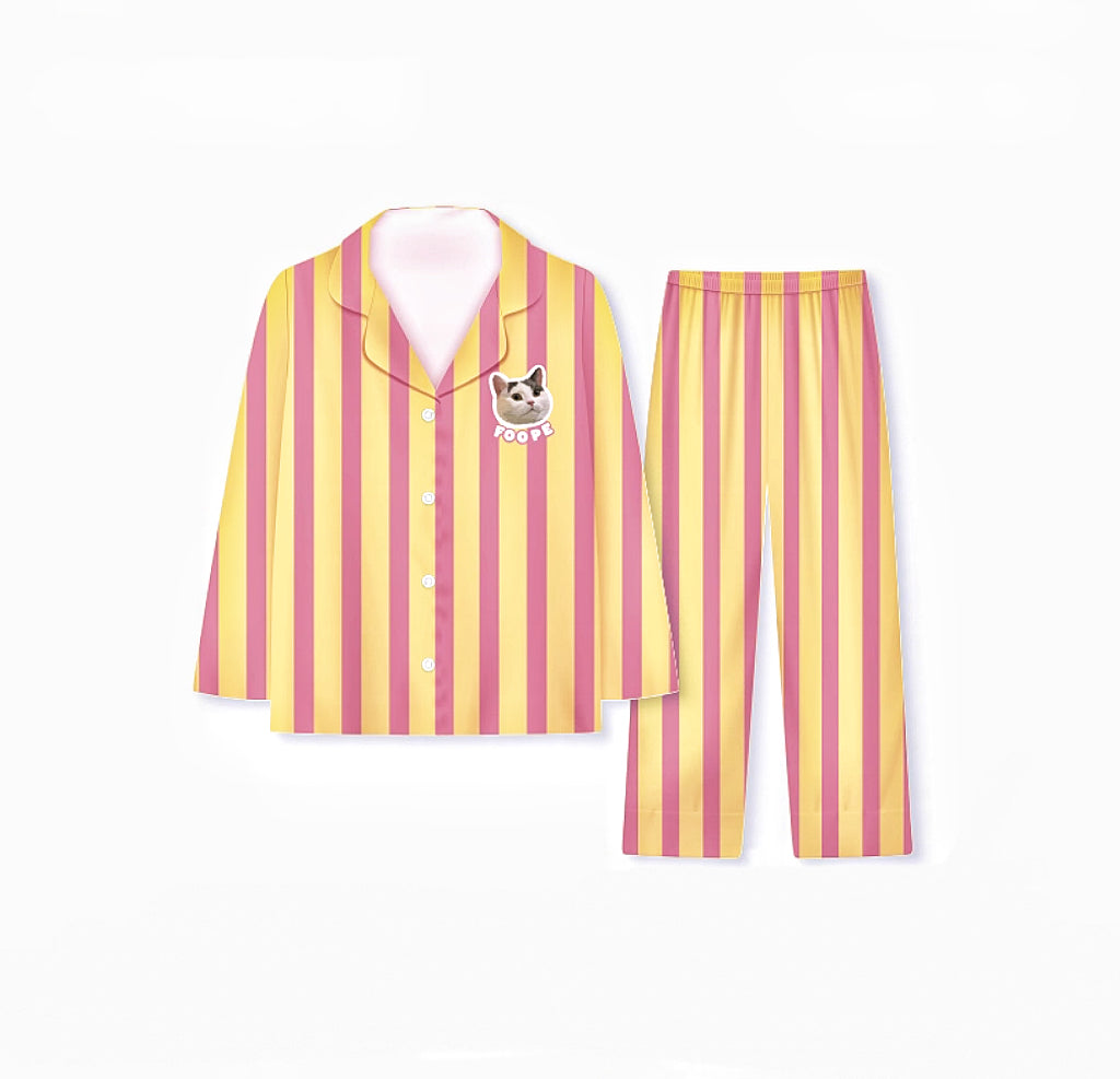 Yellow and pink striped custom pajamas with cat photo print