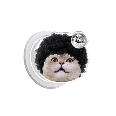 Custom pet phone grip with cat wearing afro wig and disco ball