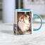 Personalized pet mug featuring Saint Bernard photo collage, blue handle