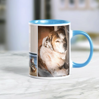 Personalized pet mug featuring Saint Bernard photo collage, blue handle
