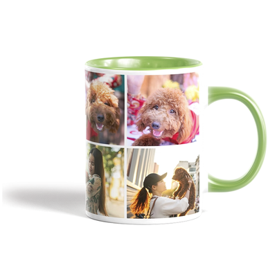 Custom photo collage mug with dog and owner pictures, green handle