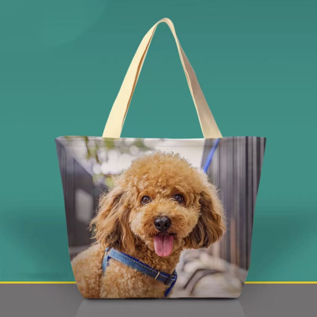 Custom tote bag printed with a brown poodle photo, personalized dog gift
