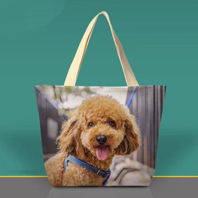 Custom tote bag printed with a brown poodle photo, personalized dog gift