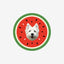 Custom dog rug with watermelon pattern, featuring a white dog portrait on faux shearling.