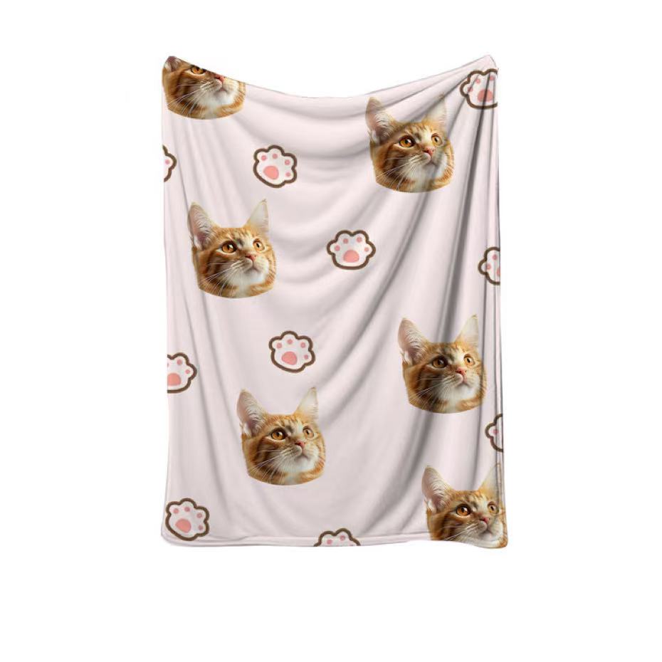 Custom blanket with cat photo and paw prints