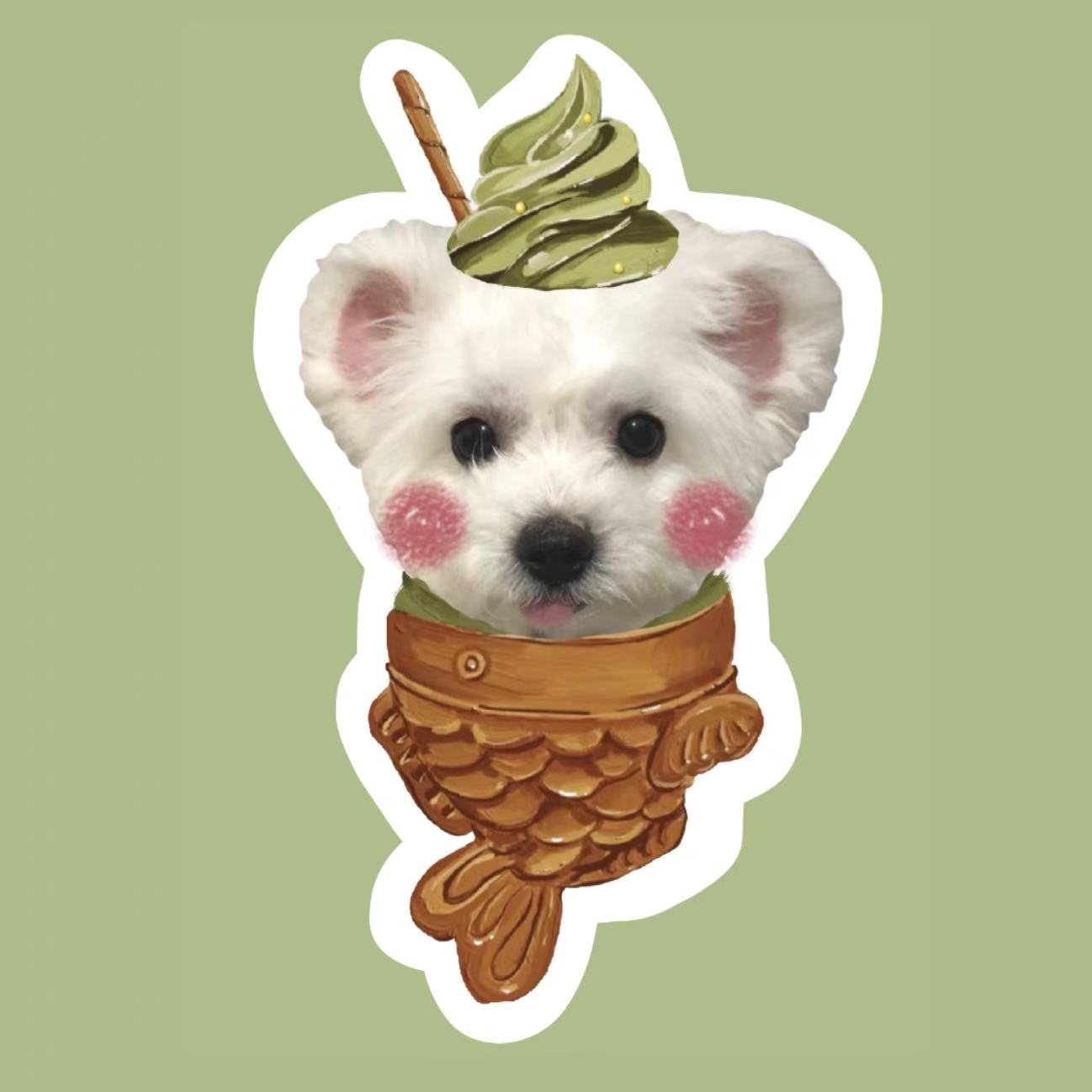 White dog pillow in matcha fish cone design
