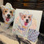 Close-up of dog face printed on custom pillow