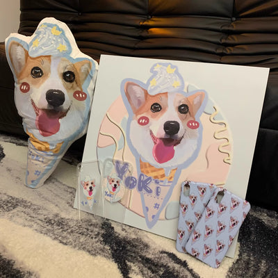 Close-up of dog face printed on custom pillow