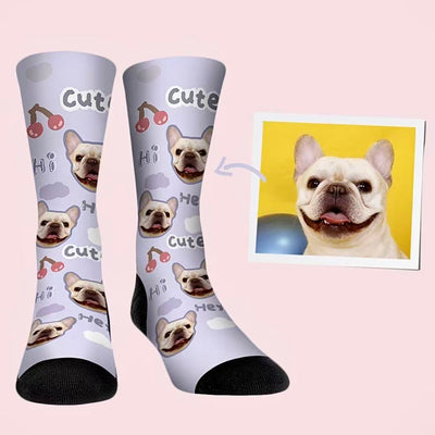 Custom pet face socks with French Bulldog design and cherry pattern