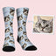 Custom socks featuring grey cat with blue juice cup pattern