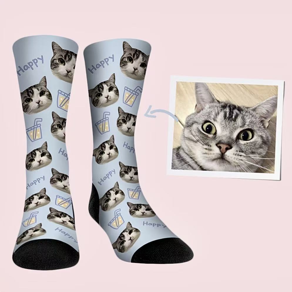 Custom socks featuring grey cat with blue juice cup pattern