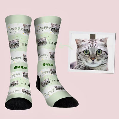 Personalized socks with cat face and green happy background