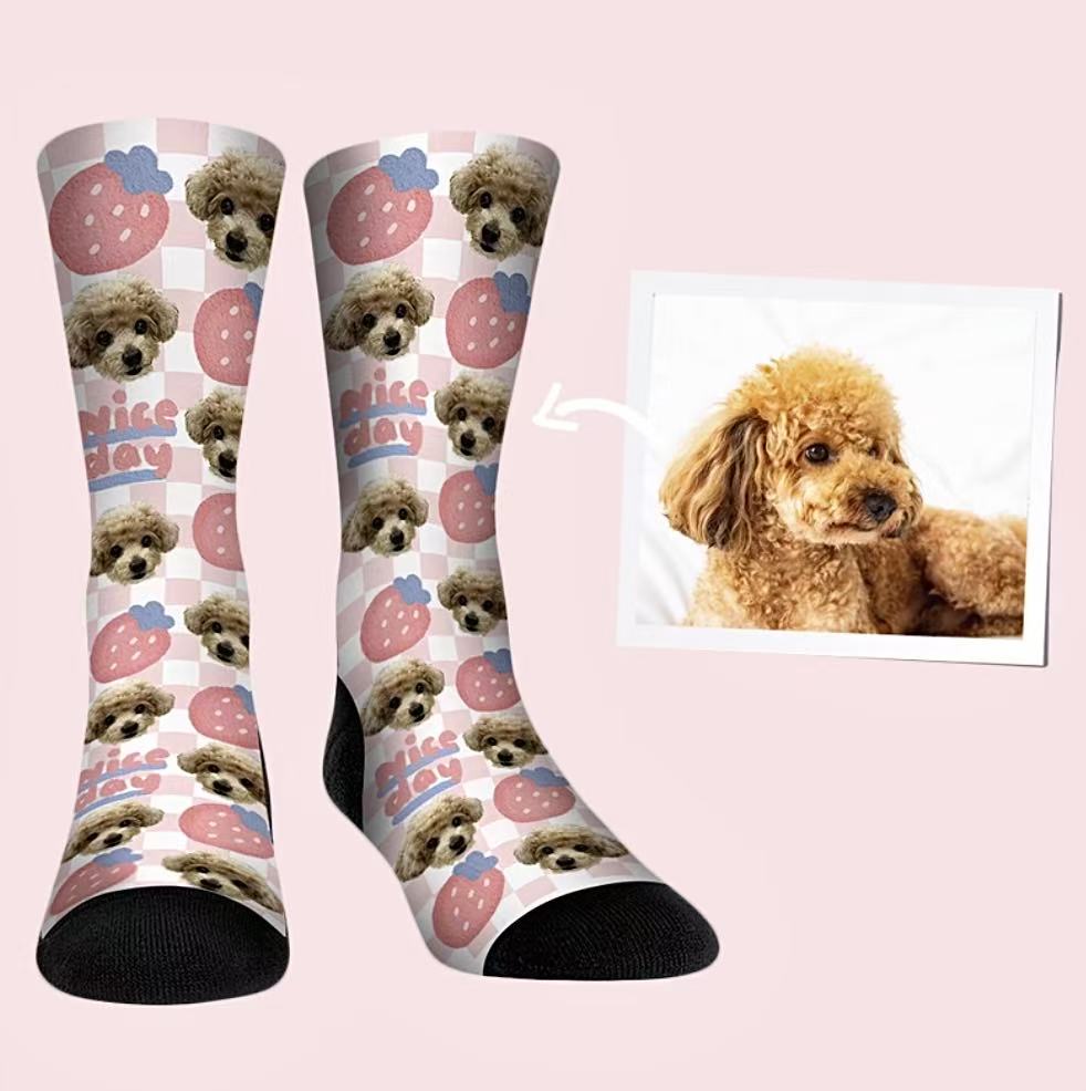 Cute puppy socks with strawberry and “Nice Day” text