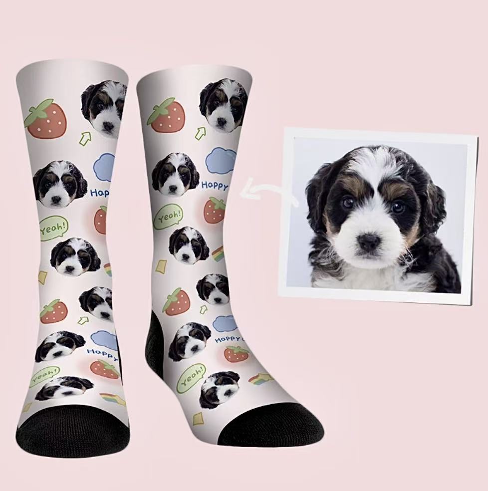 Cute puppy socks with strawberries and “Nice Day” pattern