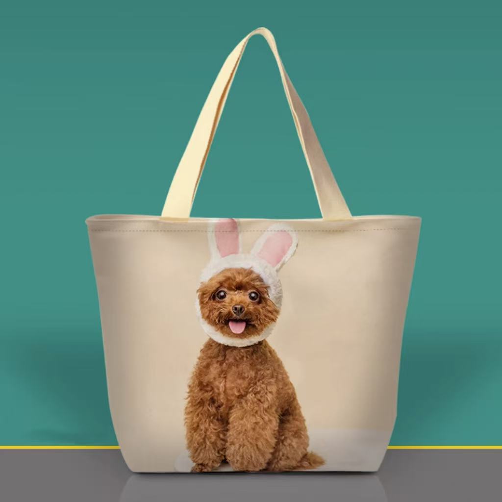 Custom tote bag with poodle wearing bunny ears, fun personalized dog bag