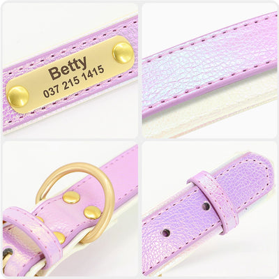 Detail shots showing gold buckle, stitching, and engraved nameplate on PU leather dog collar.