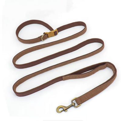 Brown webbing + neoprene leash laid flat to show full 82.7-inch length.