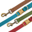 Four-color webbing and neoprene dog leashes with brass clips and buckles.