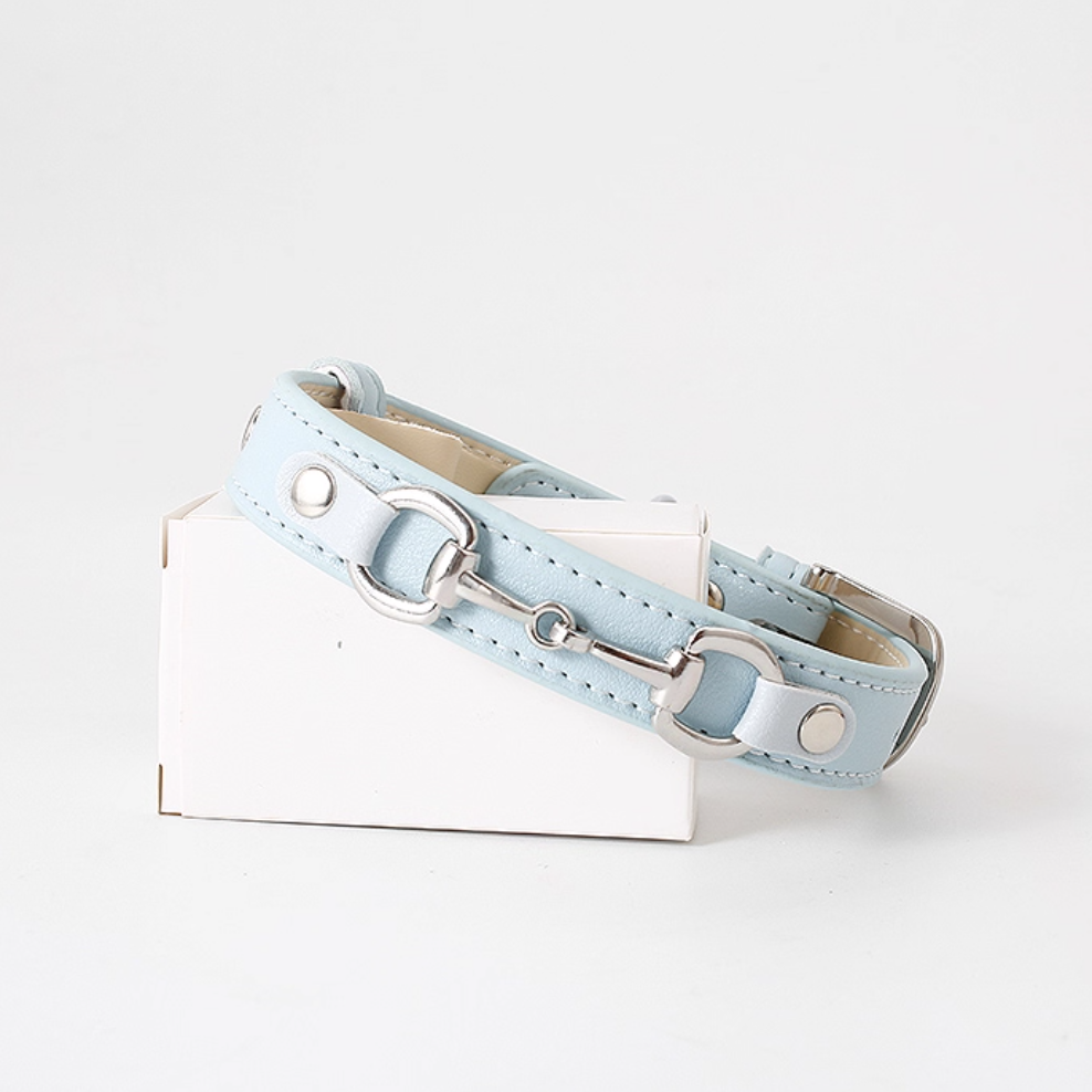 Light blue horsebit style leather dog collar with metal hardware