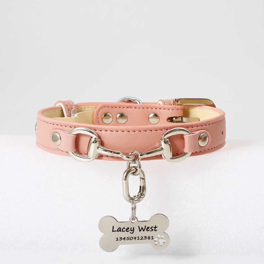 Pink dog collar with personalized bone shaped engraved name tag