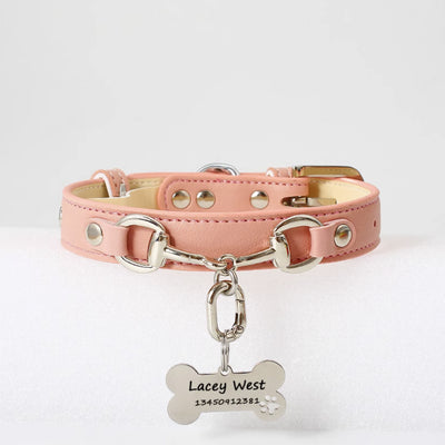 Pink dog collar with personalized bone shaped engraved name tag